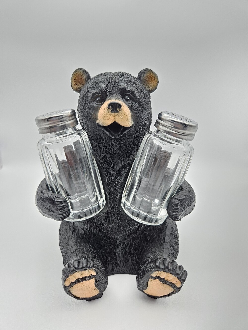 Cute Black Bear Holding Glass Salt & Pepper Shakers – Resin Figurine Cabin/Lodge
